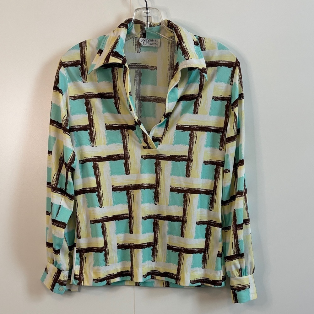 Vintage Stylish Geometric Patterned V-Neck Blouse